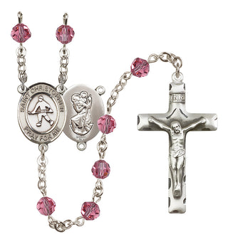 Sterling Silver 6mm Austrian Crystal Saint Christopher / Field Hockey Rosary in Rose