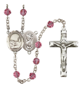 Sterling Silver 6mm Austrian Crystal Saint Christopher / Fishing Rosary in Rose