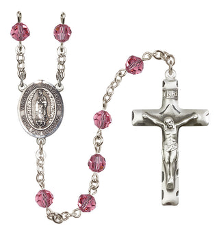 Sterling Silver 6mm Austrian Crystal Virgen de Guadalupe Rosary in Rose