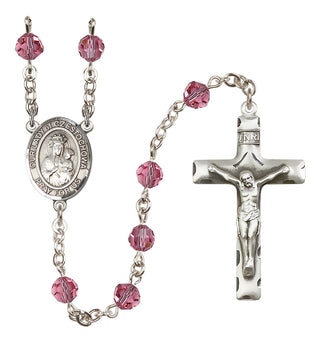 Sterling Silver 6mm Austrian Crystal Our Lady of Czestochowa Rosary in Rose