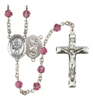 Sterling Silver 6mm Austrian Crystal Saint Christopher/Baseball Rosary in Rose