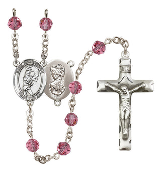 Sterling Silver 6mm Austrian Crystal Saint Christopher/Softball Rosary in Rose