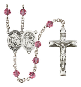 Sterling Silver 6mm Austrian Crystal Saint Sebastian / Hockey Rosary in Rose