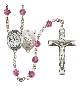 Sterling Silver 6mm Austrian Crystal Guardian Angel/Basketball Rosary in Rose