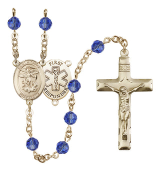 14 Karat Gold-Filled 6mm Austrian Crystal Saint Michael/1St Responder Rosary in Sapphire