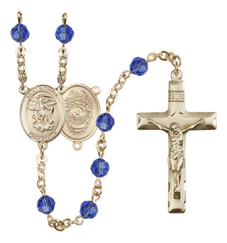 14 Karat Gold-Filled 6mm Austrian Crystal Saint Michael the Archangel/Policeman Rosary in Sapphire