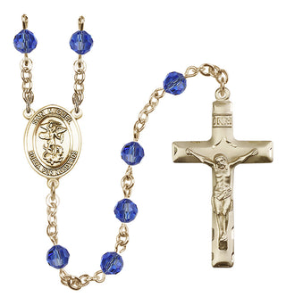 14 Karat Gold-Filled 6mm Austrian Crystal San Miguel Arcangel Rosary in Sapphire