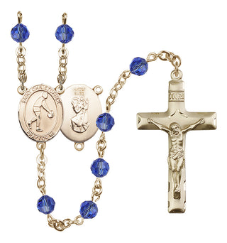 14 Karat Gold-Filled 6mm Austrian Crystal Saint Christopher/Basketball Rosary in Sapphire