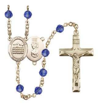14 Karat Gold-Filled 6mm Austrian Crystal Saint Christopher/Swimming Rosary in Sapphire