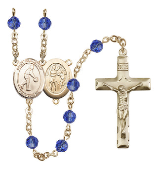 14 Karat Gold-Filled 6mm Austrian Crystal Saint Sebastian/Basketball Rosary in Sapphire
