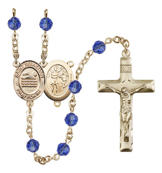 14 Karat Gold-Filled 6mm Austrian Crystal Saint Sebastian/Swimming Rosary in Sapphire