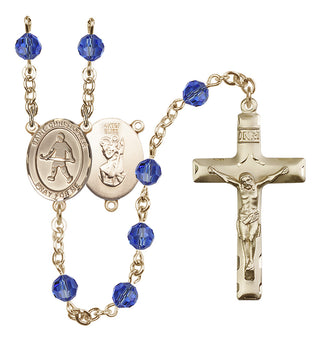 14 Karat Gold-Filled 6mm Austrian Crystal Saint Christopher / Field Hockey Rosary in Sapphire