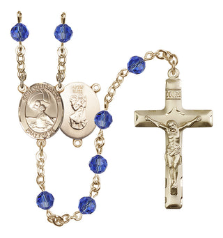 14 Karat Gold-Filled 6mm Austrian Crystal Saint Christopher/Water Polo Women Rosary in Sapphire