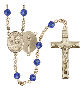 14 Karat Gold-Filled 6mm Austrian Crystal Saint John Paul II Rosary in Sapphire