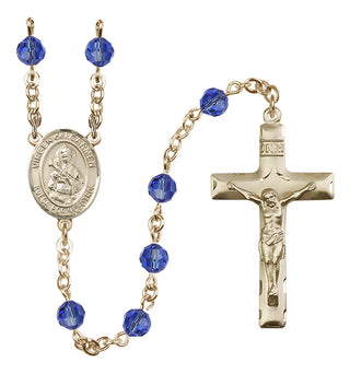 14 Karat Gold-Filled 6mm Austrian Crystal Virgen del Carmen Rosary in Sapphire