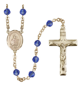 14 Karat Gold-Filled 6mm Austrian Crystal Saint Christian Demosthenes Rosary in Sapphire