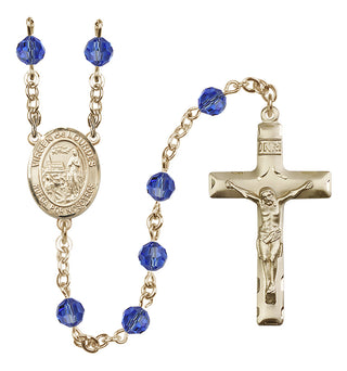14 Karat Gold-Filled 6mm Austrian Crystal Virgen del Lourdes Rosary in Sapphire