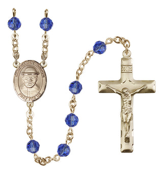 14 Karat Gold-Filled 6mm Austrian Crystal Saint Damien of Molokai Rosary in Sapphire