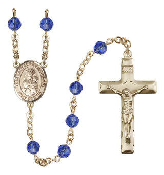 14 Karat Gold-Filled 6mm Austrian Crystal Our Lady of Czestochowa Rosary in Sapphire