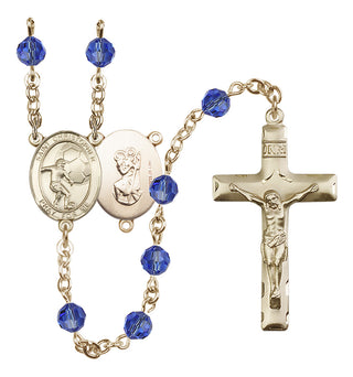 14 Karat Gold-Filled 6mm Austrian Crystal Saint Christopher / Football Rosary in Sapphire