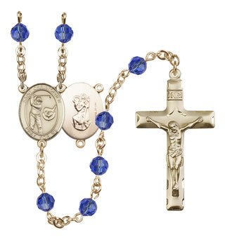 14 Karat Gold-Filled 6mm Austrian Crystal Saint Christopher/Golf Rosary in Sapphire