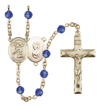 14 Karat Gold-Filled 6mm Austrian Crystal Saint Christopher/Swimming Rosary in Sapphire