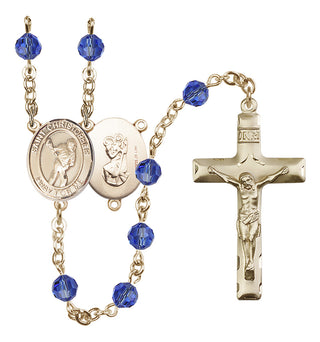14 Karat Gold-Filled 6mm Austrian Crystal Saint Christopher/Lacrosse Rosary in Sapphire
