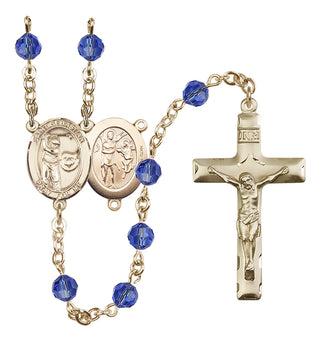 14 Karat Gold-Filled 6mm Austrian Crystal Saint Sebastian / Golf Rosary in Sapphire