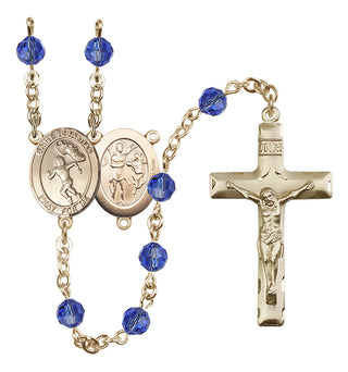 14 Karat Gold-Filled 6mm Austrian Crystal Saint Sebastian /Track&Field-Women Rosary in Sapphire