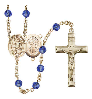 14 Karat Gold-Filled 6mm Austrian Crystal Saint Sebastian/Soccer-Women Rosary in Sapphire