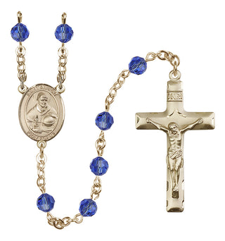 14 Karat Gold 6mm Austrian Crystal Saint Albert the Great Rosary in Sapphire