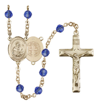 14 Karat Gold 6mm Austrian Crystal Saint Benedict Rosary in Sapphire