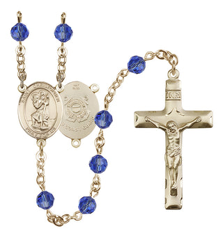 14 Karat Gold 6mm Austrian Crystal Saint Christopher / Coast Guard Rosary in Sapphire