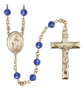 14 Karat Gold 6mm Austrian Crystal Saint Genesius of Rome Rosary in Sapphire