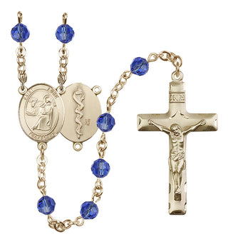 14 Karat Gold 6mm Austrian Crystal Saint Luke the Apostle / Doctor Rosary in Sapphire
