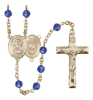 14 Karat Gold 6mm Austrian Crystal Saint Michael the Archangel/Policeman Rosary in Sapphire