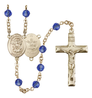 14 Karat Gold 6mm Austrian Crystal Saint Michael / Army Rosary in Sapphire