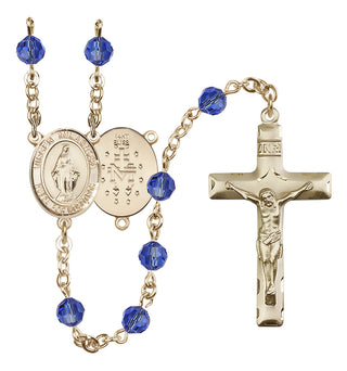14 Karat Gold 6mm Austrian Crystal Virgen Milagrosa Rosary in Sapphire