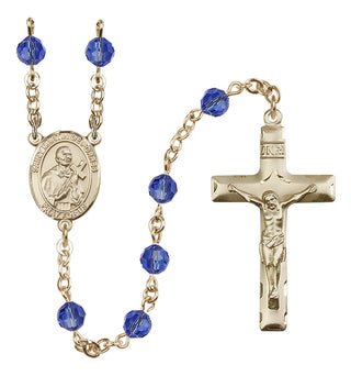 14 Karat Gold 6mm Austrian Crystal Saint Martin de Porres Rosary in Sapphire