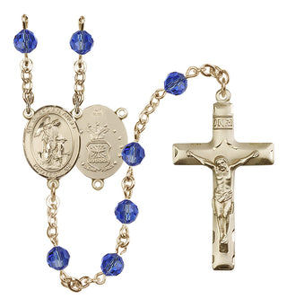 14 Karat Gold 6mm Austrian Crystal Guardian Angel / Air Force Rosary in Sapphire