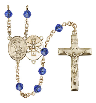 14 Karat Gold 6mm Austrian Crystal Guardian Angel / EMT Rosary in Sapphire