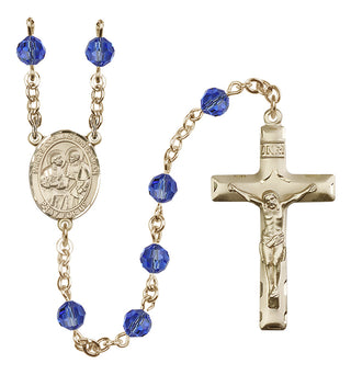14 Karat Gold 6mm Austrian Crystal Saints Cosmas & Damian Rosary in Sapphire