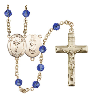 14 Karat Gold 6mm Austrian Crystal Saint Christopher/Cheerleading Rosary in Sapphire