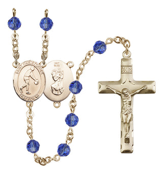 14 Karat Gold 6mm Austrian Crystal Saint Christopher/Basketball Rosary in Sapphire