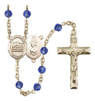 14 Karat Gold 6mm Austrian Crystal Saint Christopher/Swimming Rosary in Sapphire