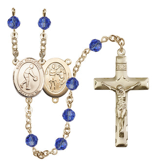 14 Karat Gold 6mm Austrian Crystal Saint Sebastian/Basketball Rosary in Sapphire