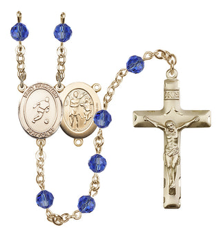14 Karat Gold 6mm Austrian Crystal Saint Sebastian/Soccer Rosary in Sapphire