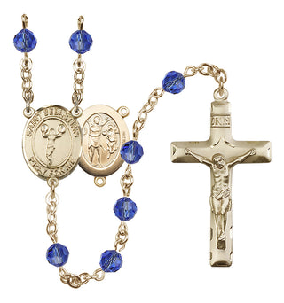 14 Karat Gold 6mm Austrian Crystal Saint Sebastian/Cheerleading Rosary in Sapphire