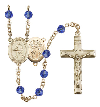 14 Karat Gold 6mm Austrian Crystal Saint Sebastian/Field Hockey Rosary in Sapphire