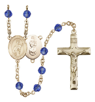 14 Karat Gold 6mm Austrian Crystal Saint Christopher / Rodeo Rosary in Sapphire